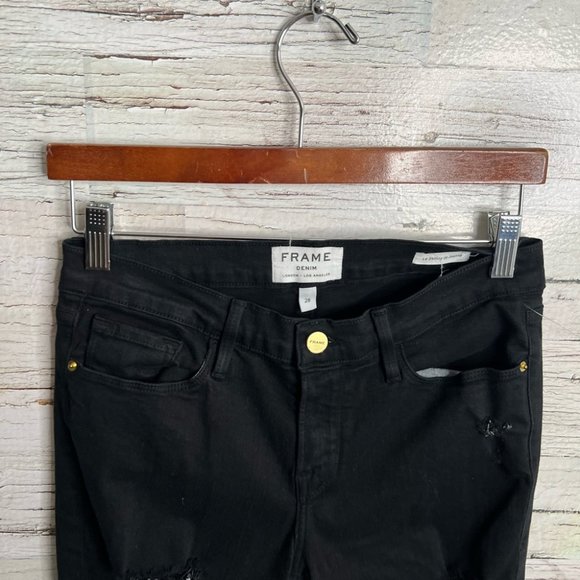 Frame Denim Le Skinny de Jeanne Ripped distressed Hem Black Jeans Size 28 - Picture 10 of 11